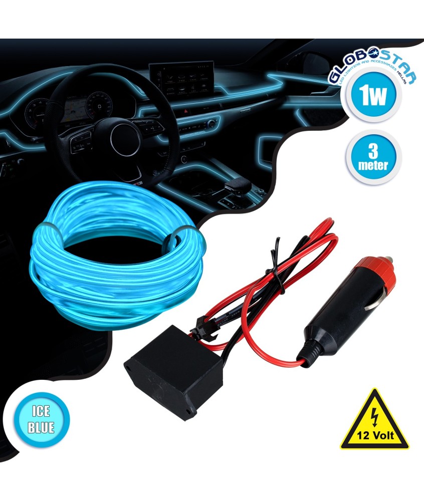 GloboStar® 82204 TUBE 360° Degree Διακοσμητική EL-Wire Neon Αυτοκινήτου Κορδόνι ΣΕΤ 3m 1W-3m 30lm-m 360° DC 12V με Βύσμα Αναπτήρα Αυτοκινήτου Αδιάβροχη IP68 Γαλάζιο